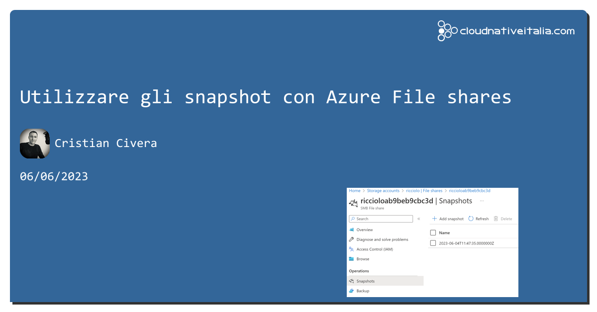 Utilizzare gli snapshot con #azure File shares https://aspit.co/cgj di @CristianCivera